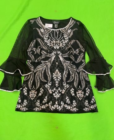 Lyman Black Embellished Sheer Sleeve Top