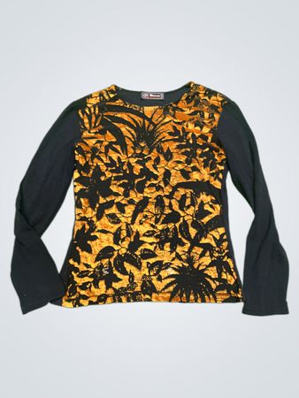 CITY Damen Schwarzes Langarmtop mit orangefarbenem und schwarzem Blumenmuster