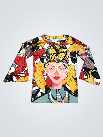 Langarm-T-Shirt mit Portrait- und Blumenmuster
