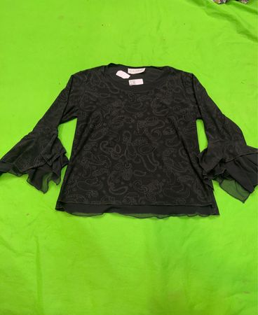 Carla d'Angeli Paris Schwarzes Paisley-Print Transparente Rüschensleeve Oberteil