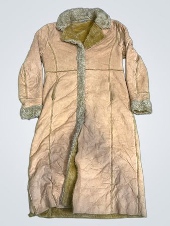 Long Tan Suede-like Coat with Fur Trim