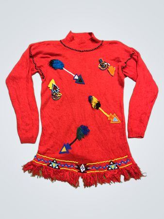 VICTORIA JONES Rote Perlenpfeil Tunika Pullover mit Fransen