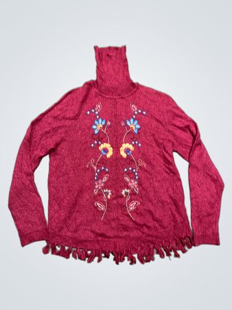 Alfred Dunner roter gestickter Pullover mit Quastenabschluss und Stehkragen