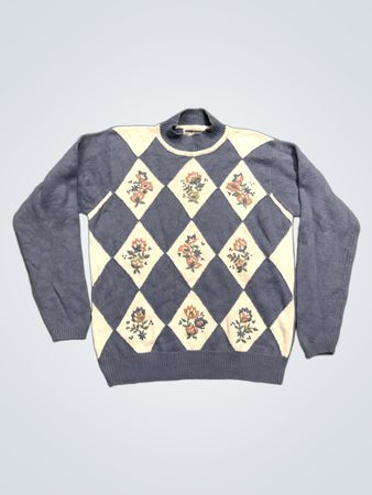 Alfred Dunner Blau- und Weißer Rautenmuster Blumenpullover