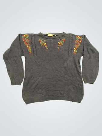 GREAT LAKES COUNTRY Blauer Cable-Knit-Pullover mit gestickten Vögeln und Beeren