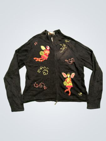 Talbots Petites Schwarzer Reißverschluss-Cardigan mit Feen-Applikationen