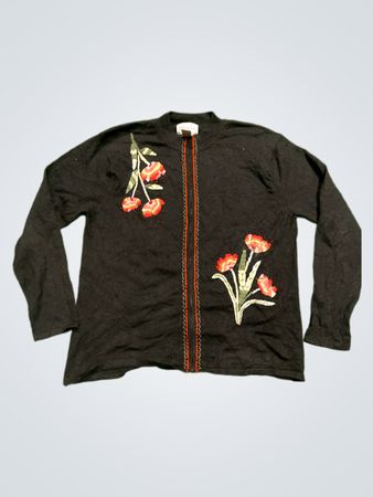 Carly St. Claire Schwarzer floral bestickter Reißverschluss-Cardigan