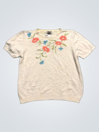 Alfred Dunner Petite Weiß Floral Bestickter Kurzarmpullover