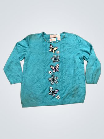 Alfred Dunner Petite Blauer Pullover mit Schmetterlings- und Blumenverzierungen