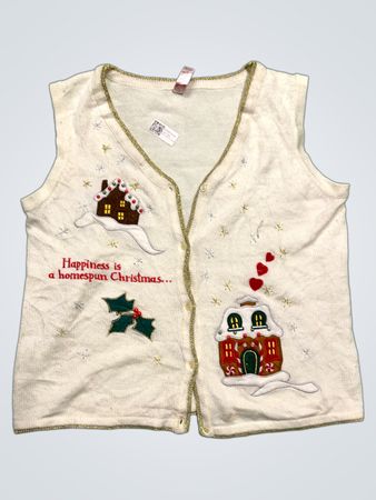 Weißer ärmelloser Weihnachtspullover mit Lebkuchenhaus und Stechpalme-Applikation
