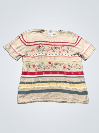 Alfred Dunner Damen gestreifter floral bestickter Kurzarmpullover