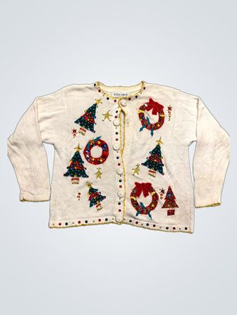 Victoria Harbour Women's White Christmas Tree & Wreath Embroidered Cardigan