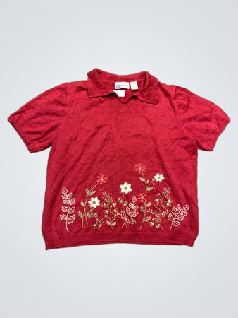 Alfred Dunner Rotes Gesticktes Florales Strickhemd mit Kragen und kurzen Ärmeln