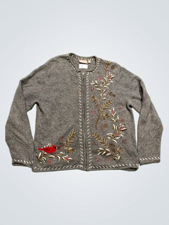 Croft & Barrow Damen Grau Kardinal & Tannenzapfen Bestickte Reißverschluss Strickjacke XL