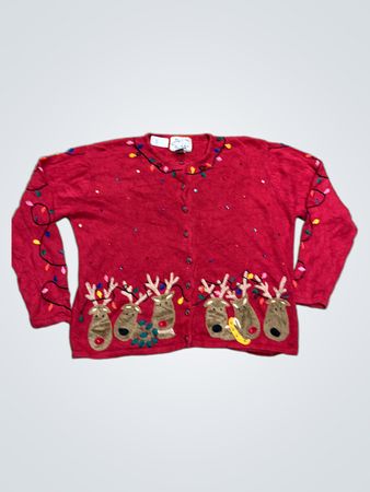 Heirloom Collectibles Roter Weihnachts-Pullover mit Rentieren und Lichtern