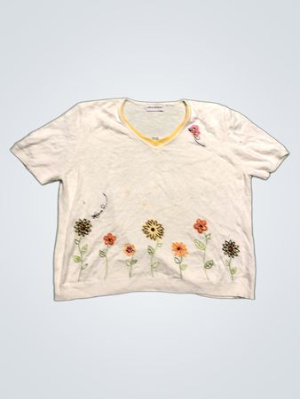 Alfred Dunner Weiß V-Ausschnitt Kurzarm Bestickte Blumen Oberteil