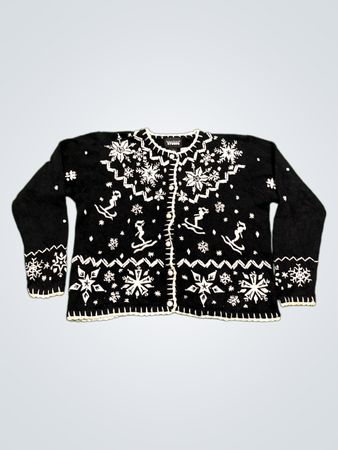 Schwarzer Schneeflocken-Skifahrer-Weihnachtscardigan