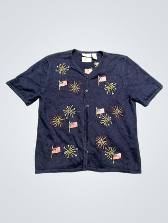 Croft & Barrow Marineblauer gestickter Feuerwerks- und amerikanischer Flaggen-Cardigan
