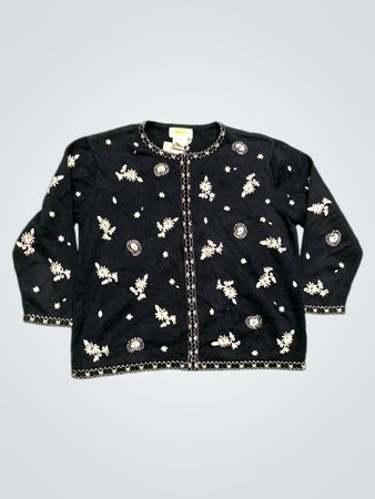 Talbots Petites Schwarze Bestickte Strickjacke