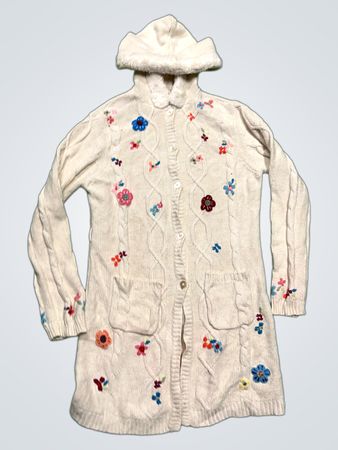 Der Children's Place Cream Embroidered Floral Cable Knit Hooded Cardigan