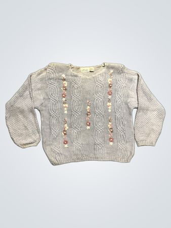 Colleen's Collectables Hellblauer Kabelstrickpullover mit floralem Stickdesign