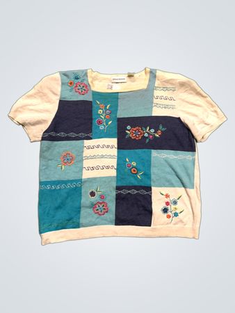 Alfred Dunner Patchwork Floral Bestickter Kurzarmpullover