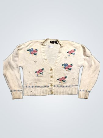 Lizsport Cream Floral Embroidered Button Up Cardigan