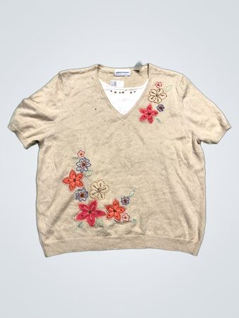 Alfred Dunner Damen Beige Kurzarm V-Ausschnitt Pullover mit floralen Verzierungen