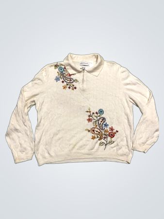 Alfred Dunner Damen Creme Bestickter Paisley & Blumen Viertelreißverschluss Pullover