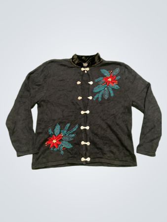 Kristall Kobe schwarzer Rollkragenpullover mit Weihnachtsstern- und Kiefernnadelstickerei