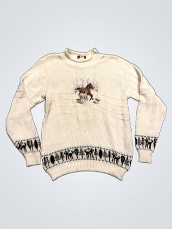 CK Grace Cream Strickpullover mit Pferde- und Hirschmuster