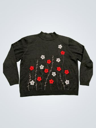 Alfred Dunner Damen schwarzer Stehkragenpullover mit floralen Stickereien