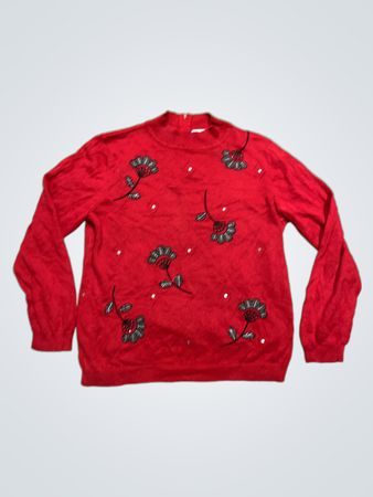 Alfred Dunner Roter Floraler Perlenbesetzter Mock Neck Pullover