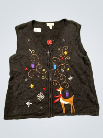 Kim Rogers Petite Schwarze Ärmellose Weihnachtsweste mit Rentieren und Ornamenten
