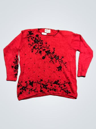 Edelstück Sammlerstücke Rotes Sweatshirt mit schwarzen Blumenverzierungen