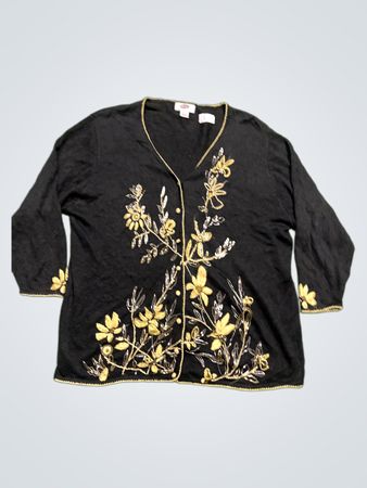 Moderne Frau Schwarze Perlenbestickte Blumenstrickjacke