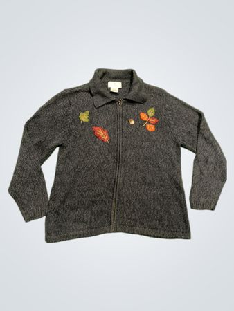 Mandal Bay Damen Graue Strick Zip-Up Cardigan mit Blattapplikationen Größe Groß