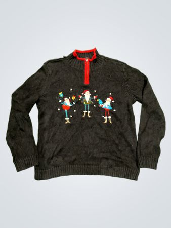 Schwarzer Viertelreißverschluss-Pullover mit gestickten Weihnachtsmann-Figuren