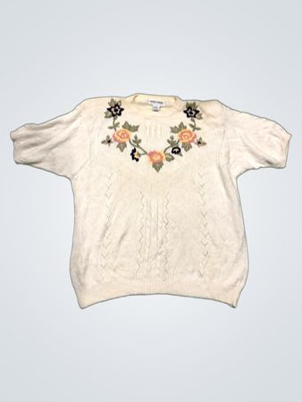 Alfred Dunner Damen Cremefarbener Kabelstrickpullover mit floralem Stickereimuster