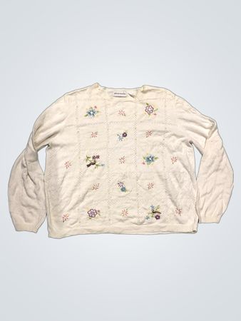 Alfred Dunner Weiß Bestickter Floral- und Vogel-Langarmpullover