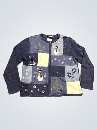 Croft & Barrow "Let It Snow" Patchwork Schneemann & Skifahren Pullover