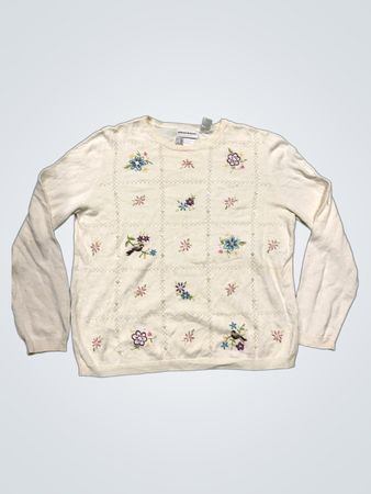 Alfred Dunner Damen Creme Bestickter Floral- und Vogelpullover