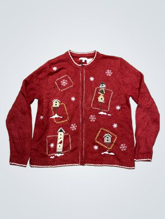 Croft & Barrow Rotes Vogelhaus & Schneeflocken bestickte Reißverschluss-Strickjacke