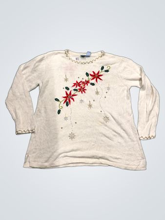 Holiday Traditions Damen Weißer Weihnachtspullover mit Weihnachtsstern und Schneeflockenstickerei