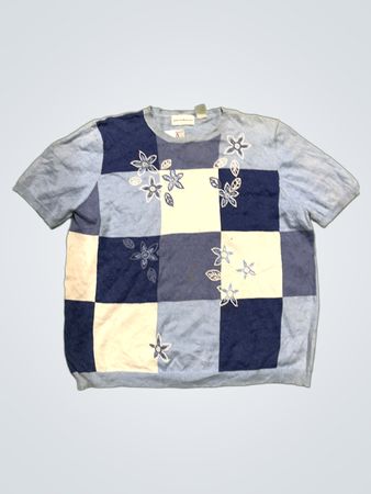 Alfred Dunner Damen Blau & Weiß Patchwork Floral Kurzarmpullover