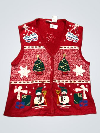 Gabbie & Co. Rote Weihnachtsweste mit Schneemännern und Bäumen