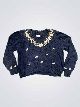 Navy Blau Bestickter Pullover