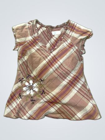 Karierte Tunika-Bluse für Damen mit floralem Schmuck
