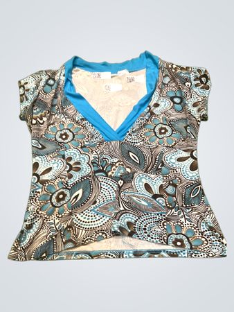 Damen Oberteil mit V-Ausschnitt in Blau und Braun mit Blumenmuster