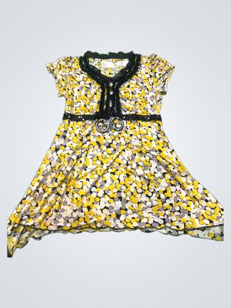 Mädchen Gelbes Blumenmuster Kleid mit schwarzem Besatz